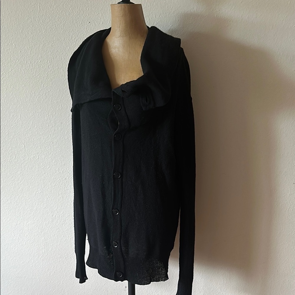 Allsaints sz S black wool linen blend long ‎ cardigan button front sweater cowl